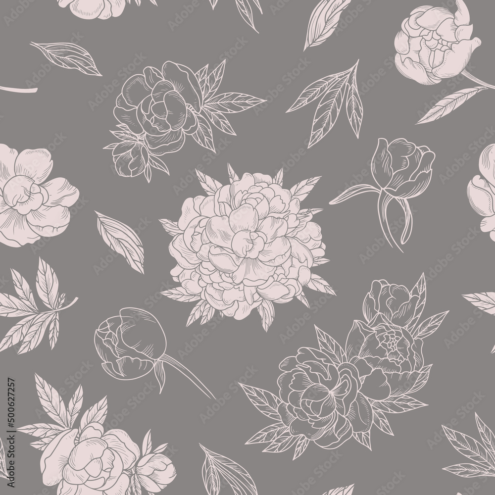 Stylish seamless pattern with pink peonies in bouquets and individual flowers on a gray background. 
