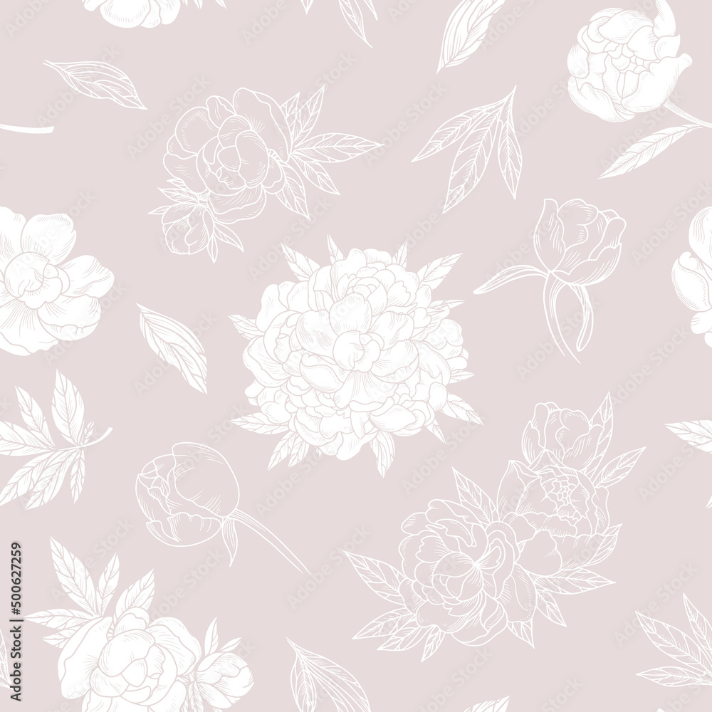 Stylish seamless pattern in beige shades with peonies separately and bouquets of them.