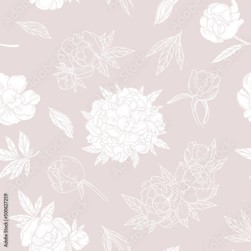 Stylish seamless pattern in beige shades with peonies separately and bouquets of them.