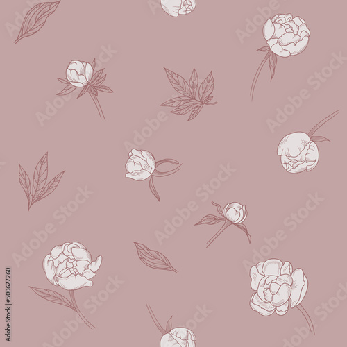 Stylish seamless pattern for textiles in beige tones with peonies individually. 