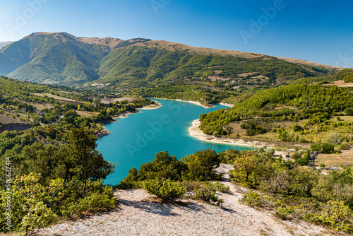 Aerial view of lake Fiastra in Sibillini mountains. Marche, Italy.