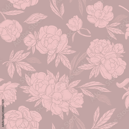 Stylish seamless pattern in beige and pink shades with peonies separately and bouquets of them.