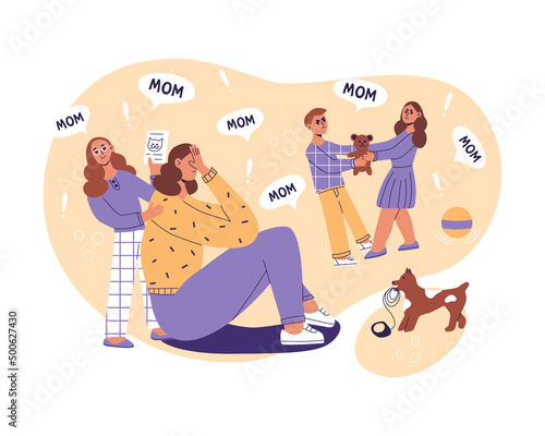 frustrated, depressed mom, problems of motherhood. Naghty children do not give rest for a minute. Exhausted women tired of noisy active playful kids.Hard paenting with many children flat illustration