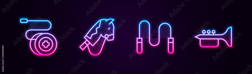 Set line Yoyo toy, Toy horse, Jump rope and Trumpet. Glowing neon icon. Vector Set line Yoyo toy, Toy horse, Jump rope and Trumpet. Glowing neon icon. Vector
