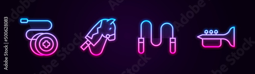 Set line Yoyo toy, Toy horse, Jump rope and Trumpet. Glowing neon icon. Vector