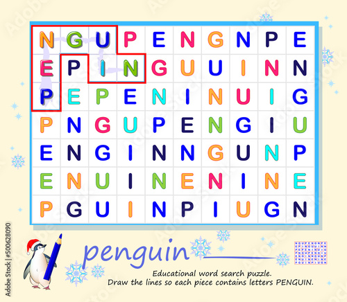 Logic game for children and adults. Educational word search puzzle. Draw the lines so each piece contains letters PENGUIN. Page for kids brain teaser book. Task for attentiveness. IQ test. Play online