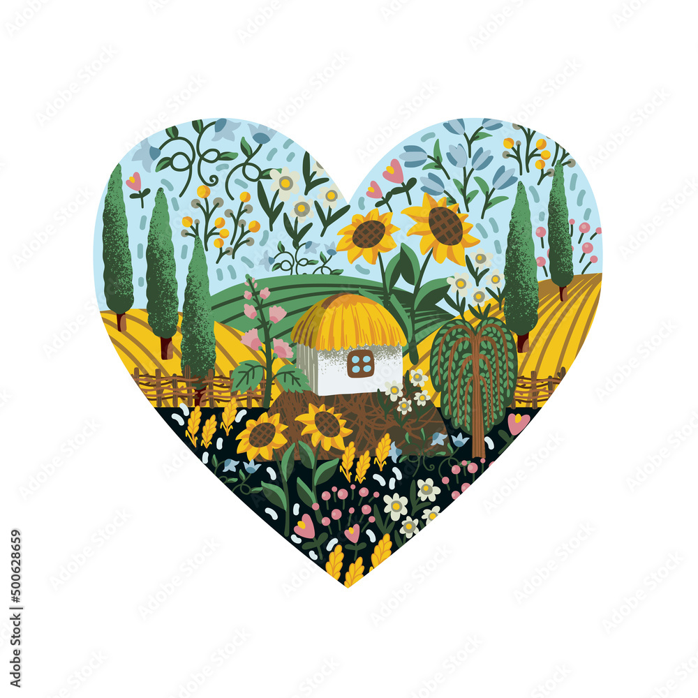 Obraz premium Ukrainian landscape, house and flowers in the heart. Textile vector