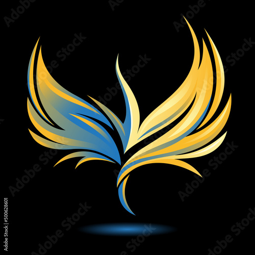 Stylized rising flying bird icon. Flame and fire. Phoenix image. Vector illustration. Works well as a tattoo, emblem, print or mascot. Golden, blue, yellow and black colors