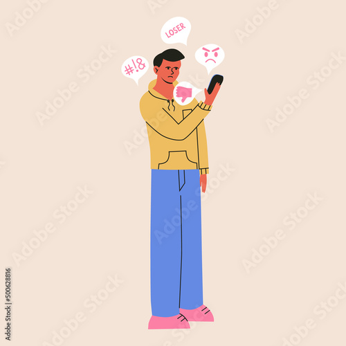 Cyber bullying and online abuse concepts. Upset. shame men take haters messages and dislike in social media. Flat vrctor illustration of internet problems, victim of mass media photo