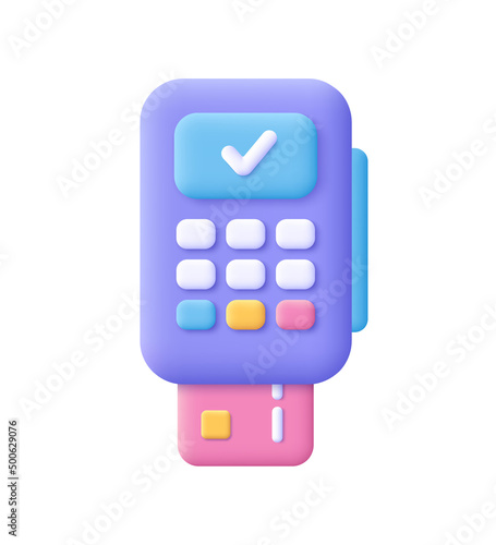 Payment terminal, POS terminal with check and credit card. Approved payment, contactless payment transaction, paying by bank cards and smartphone, 3d vector icon. Cartoon minimal style.