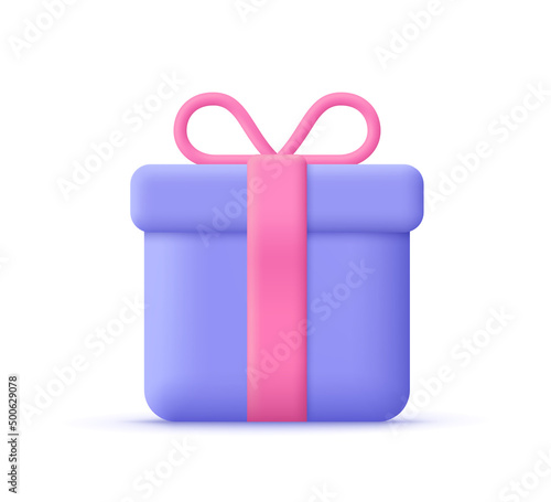 Gift box with ribbon bow. Surprise, birthday or holiday  concept. 3d vector icon. Cartoon minimal style.