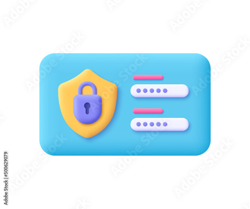 Login form page with lock and password. Safety verification, user authorization, web security concept. 3d vector icon. Cartoon minimal style.