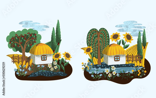 Ukrainian landscape, house and flowers isolated. Textile vector.