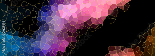 Luxury banner, geometric multicolored bright 3d pattern, black background. Grunge texture, polygonal effect. Topical design solution for brochure, catalog, book, poster, flyer, invitation.