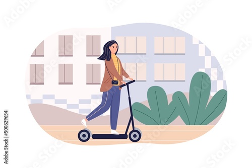 Girl riding electric scooter. Daily routines and everyday activities of young woman spend time walking.