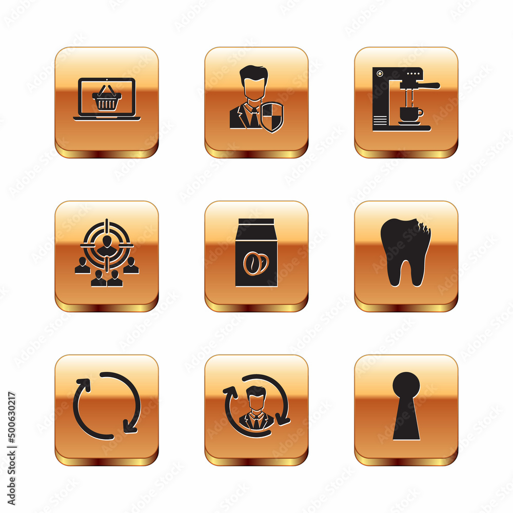 Set Shopping basket on laptop, Refresh, Human resources, Coffee beans bag, Marketing target strategy and machine and cup icon. Vector Set Shopping basket on laptop, Refresh, Human resources, Coffee beans bag, Marketing target strategy and machine and cup icon. Vector