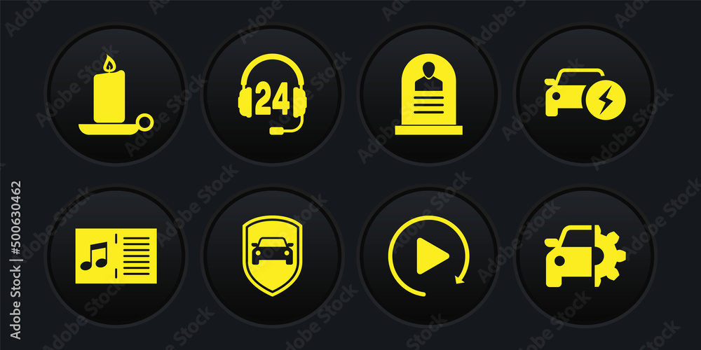 Set Music book with note, Electric car, Car protection or insurance, Video play button, Tombstone RIP written and Headphone for support icon. Vector Set Music book with note, Electric car, Car protection or insurance, Video play button, Tombstone RIP written and Headphone for support icon. Vector