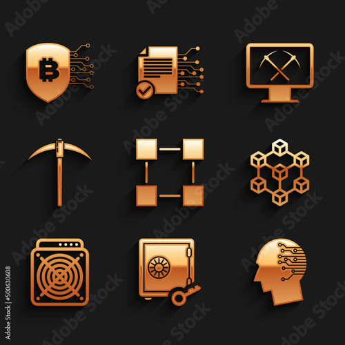 Set Blockchain technology, Proof of stake, Brain as digital circuit board, , ASIC Miner and Pickaxe icon. Vector