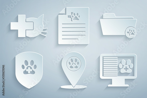 Set Location veterinary, Medical record folder, Animal health insurance, Clinical pet monitor, certificate for dog and Veterinary clinic icon. Vector