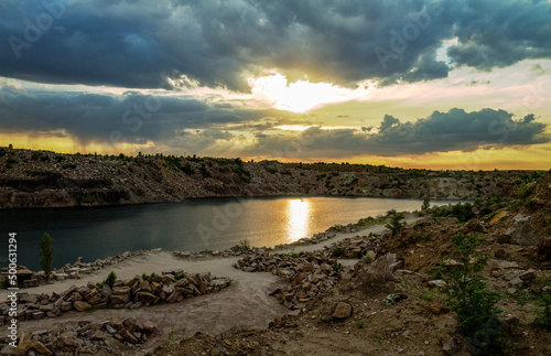 Flooded and exhausted iron ore quarry