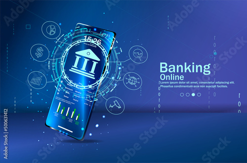 An application for online banking. Mobile phone payment with NFC technology and a high level of payment security. Protect the purchase of wireless payment via smartphone. digital payment technologies.