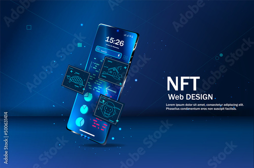 Concept of NFT ,non-fungible token with network vector on dark background. Vector illustration concept nft banner for website. Non-renewable token. Vector illustration.