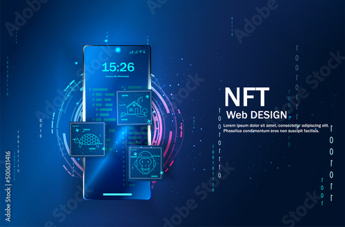 Concept of NFT ,non-fungible token with network vector on dark background. Vector illustration concept nft banner for website. Non-renewable token. Vector illustration.
