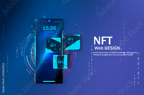Concept of NFT ,non-fungible token with network vector on dark background. Vector illustration concept nft banner for website. Non-renewable token. Vector illustration.