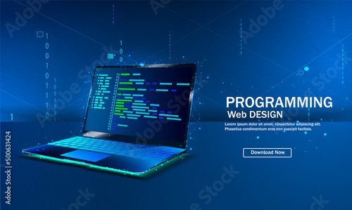 Software, web development, programming concept. Abstract programming language and program code on a laptop screen. Web development, coding, and programming. Vector illustration.