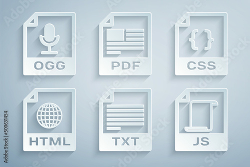 Set TXT file document, CSS, HTML, JS, PDF and OGG icon. Vector
