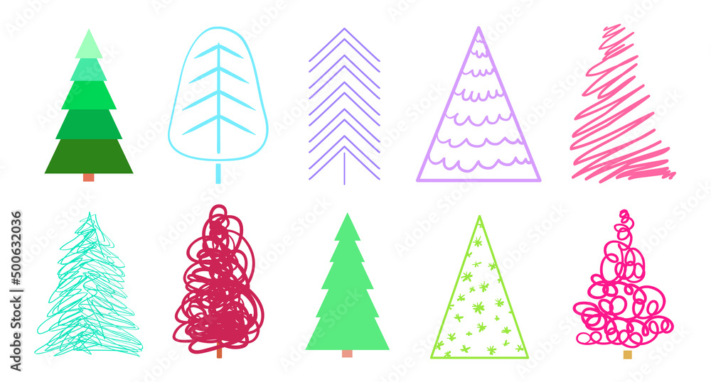 Colorful christmas trees on white. Set for design on isolated background. Geometric art. Objects for polygraphy, posters, t-shirts and textiles. Colored illustration