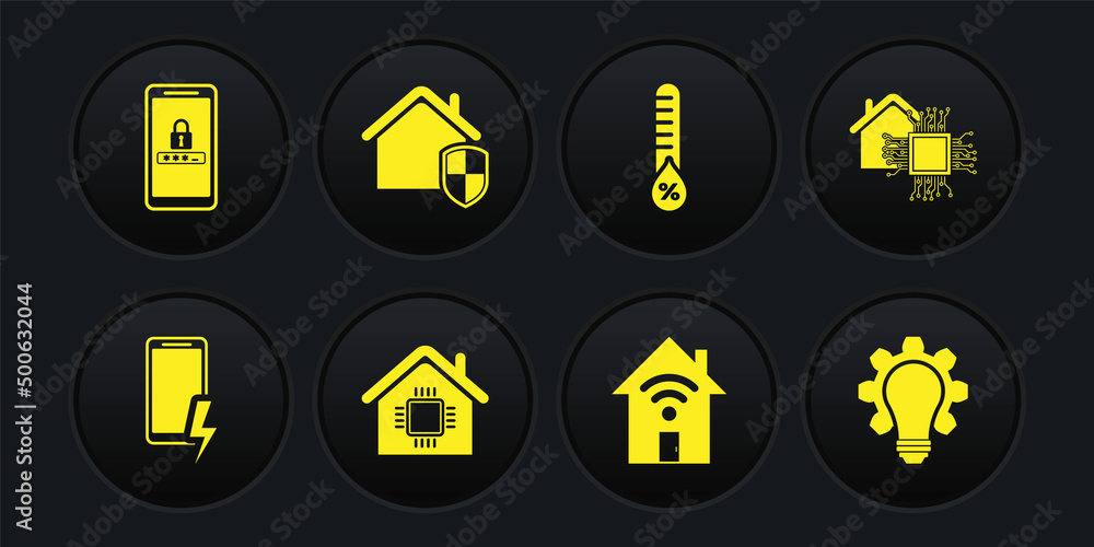 Set Mobile charging battery, Smart home, with wi-fi, Humidity, House under protection, Light bulb and gear and password icon. Vector Set Mobile charging battery, Smart home, with wi-fi, Humidity, House under protection, Light bulb and gear and password icon. Vector