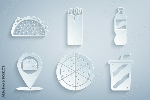 Set Pizza, Bottle of water, Location with burger, Glass, Burrito and Taco tortilla icon. Vector