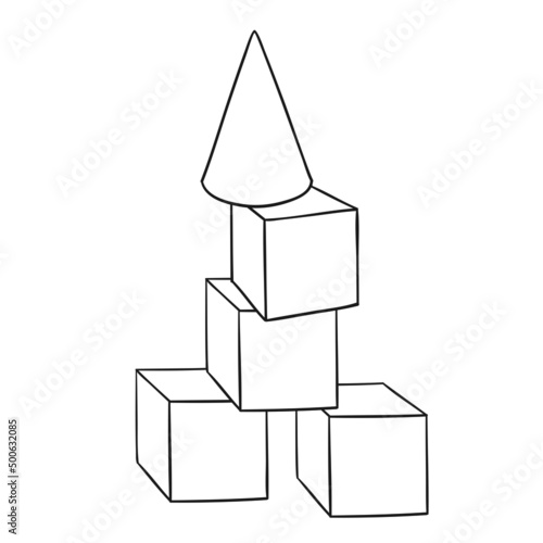 Kids toys. Pyramid of cubes. Black and white contour picture.  In cartoon style. Isolated on white background. For coloring book. Vector illustration.