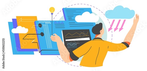 Man working with online data information on screen