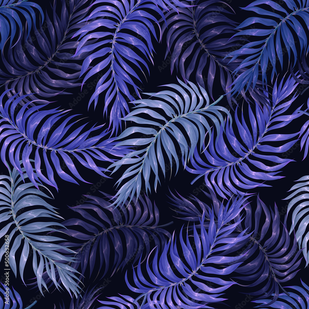 Seamless pattern with blue palm leaves on the blue background. Vector. Seamless pattern with blue palm leaves on the blue background. Vector.
