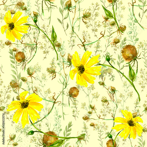 Fototapeta Naklejka Na Ścianę i Meble -  Watercolor seamless background floral pattern. grass and plant flowers, burdock, thistle, alga, wild herbs. Floral pattern, Illustration is made of hand-made in clipart graphics colors.sunflower