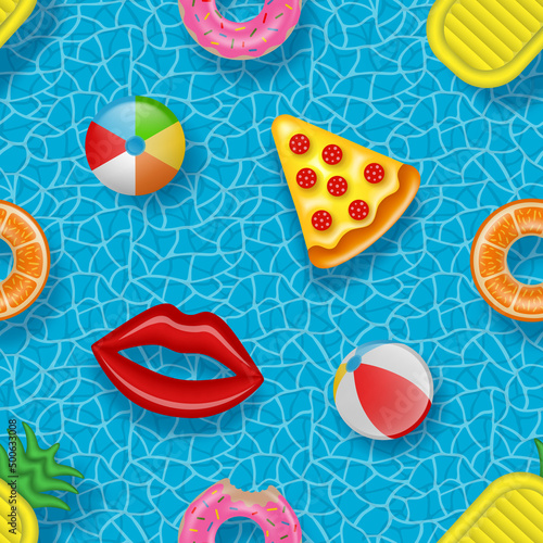 Seamless pattern with colorful inflatables on pool water background. summer seamless texture with balloons, inflatable mattresses and swimming rings
