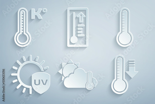 Set Thermometer and cloud, sun, Meteorology thermometer, UV protection, and icon. Vector