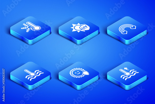 Set Water thermometer, Thermometer with snowflake, UV protection, and Rainbow heart icon. Vector