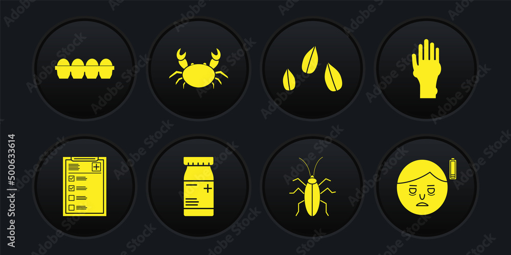 Set Clinical record, Hand with psoriasis eczema, Medicine bottle pills, Cockroach, Sesame seeds, Crab, Fatigue and Chicken egg box icon. Vector Set Clinical record, Hand with psoriasis eczema, Medicine bottle pills, Cockroach, Sesame seeds, Crab, Fatigue and Chicken egg box icon. Vector