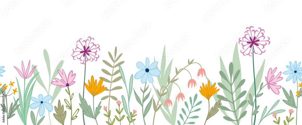Doodle floral seamless pattern. Horizontal border. Pastel cute flower background for design, wrapping, cards or fabric.