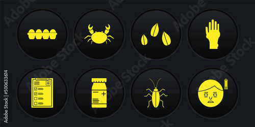 Set Clinical record, Hand with psoriasis eczema, Medicine bottle pills, Cockroach, Sesame seeds, Crab, Fatigue and Chicken egg box icon. Vector