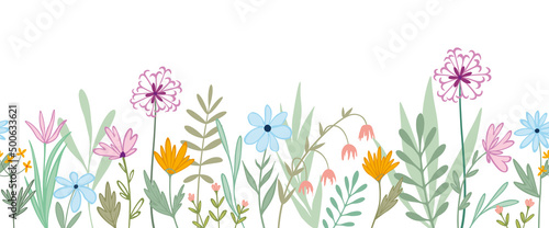 Doodle floral seamless pattern. Horizontal border. Pastel cute flower background for design, wrapping, cards or fabric.