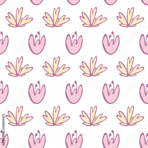 Doodle childish floral seamless pattern with flower bud. Cute pastel horizontal background for design, wrapping, cards or fabric. © Anna Kubczak