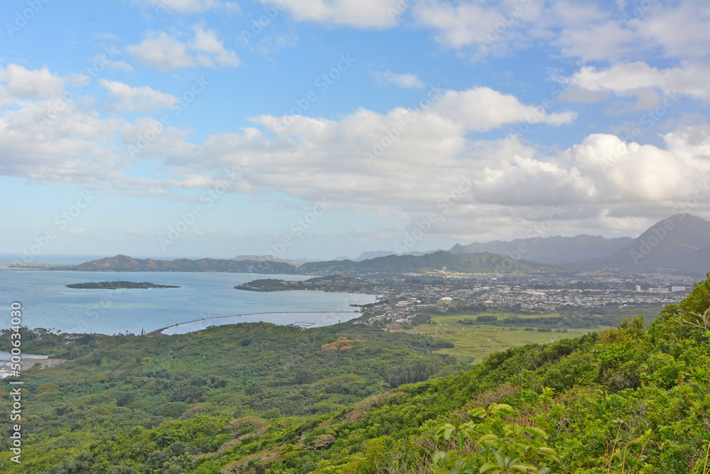 View of Kaneohe Bay to Kailua on the windward side of Oahu in Hawaii. 