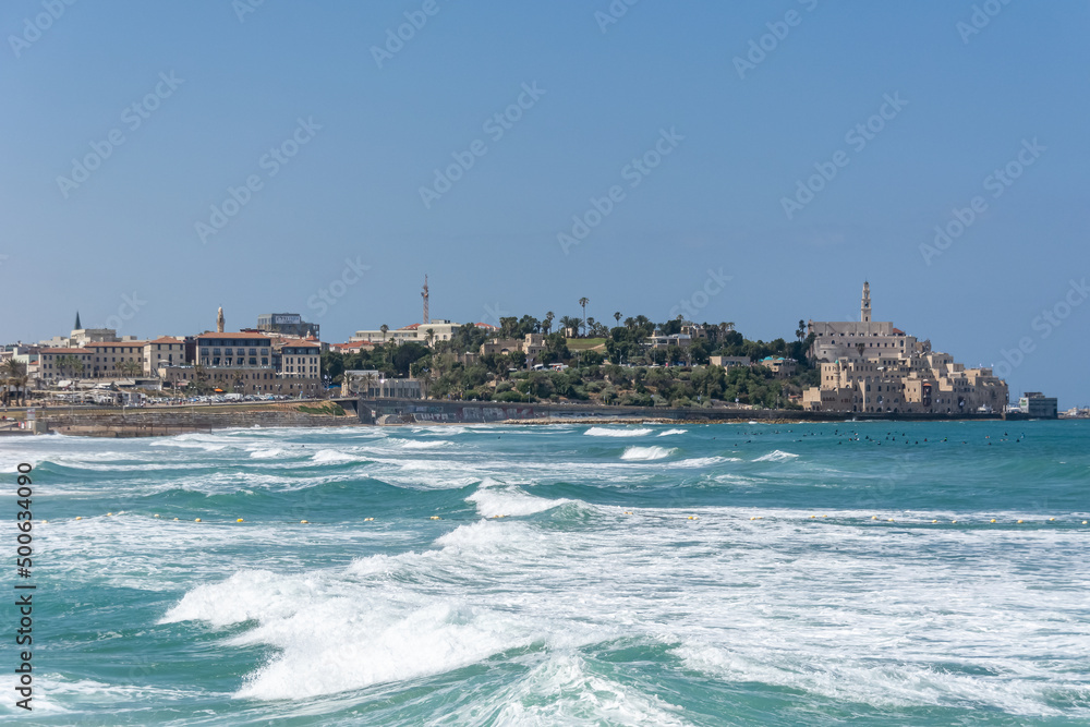 The view of the old town of Tel Aviv from with the blue sea.