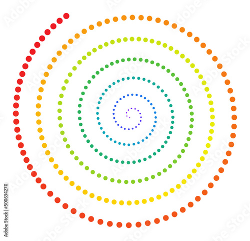 Spectral gradient dotted spiral. Spiral designed with colored circles. Spectral gradient is used.