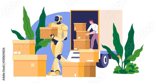 Robot helping to move boxes, futuristic assistant