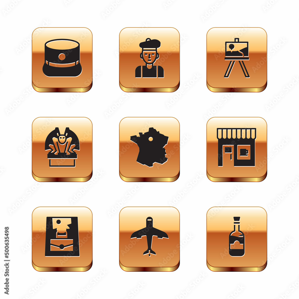 Set Kepi, Handbag, Plane, Map of France, Gargoyle on pedestal, Easel or painting art boards, Bottles wine and French man icon. Vector Set Kepi, Handbag, Plane, Map of France, Gargoyle on pedestal, Easel or painting art boards, Bottles wine and French man icon. Vector